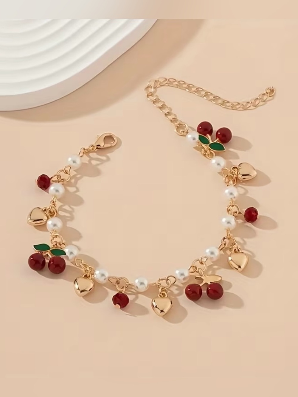 NEW Gold-Tone Cherry & Pearl Charm Bracelet. Cute  Trendy Bracelet 🍒
